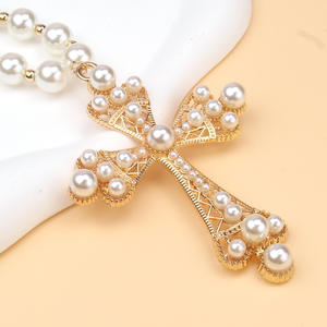 European American <b>Cross</b> Pearl Necklace Gold White Imitation Pearl Pendant Party Clavicle <b>Chain</b> - Product Image 3
