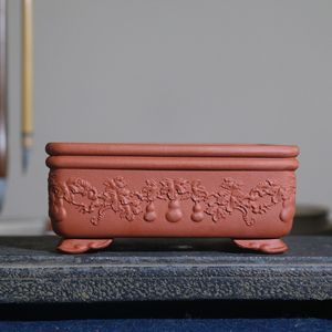 Pot à Bonsaï Rectangulaire en Zisha Fait Main, Style Antique Classique Sculpté, Petit Pot de Bureau - Product Image 2