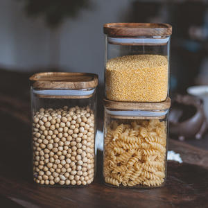 Vente en gros Récipients hermétiques pour aliments en borosilicate personnalisés Bocal de stockage en verre carré avec couvercle en bois d'<span class=keywords><strong>acacia</strong></span> pour la cuisine Épice salé - Product Image 2