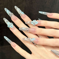 Faux ongles à presser en acrylique, motif floral 3D gaufré dégradé bleu, avec strass écrasés, faits main, réutilisables, OEM ODM, vente en gros d'usine, personnalisables