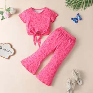 Kinder Leoparden muster T-Shirt rosa Schlag hosen zweiteilig 2024 europäischen Stil neue Mädchen Valentinstag Kleidung