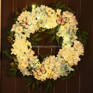 Eaglegifts Lụa Màu Xanh Trắng hoa cẩm tú cầu Hoa Vòng hoa bạch đàn lá bướm mùa xuân mùa hè Vòng hoa cho cửa trước với đèn - Product Image 4