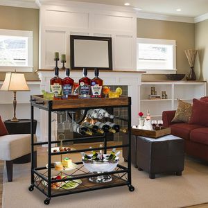 <span class=keywords><strong>Chariot</strong></span> de bar intérieur/extérieur à 3 roues verrouillables Casier à vin <span class=keywords><strong>Porte</strong></span>-verre <span class=keywords><strong>Chariot</strong></span> de service industriel à roulettes 2 plateaux amovibles - Product Image 2