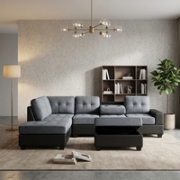Canapé d'angle convertible moderne en forme de L avec ottoman de rangement, revêtement en lin et dossier capitonné pour salon, villa, sous-sol