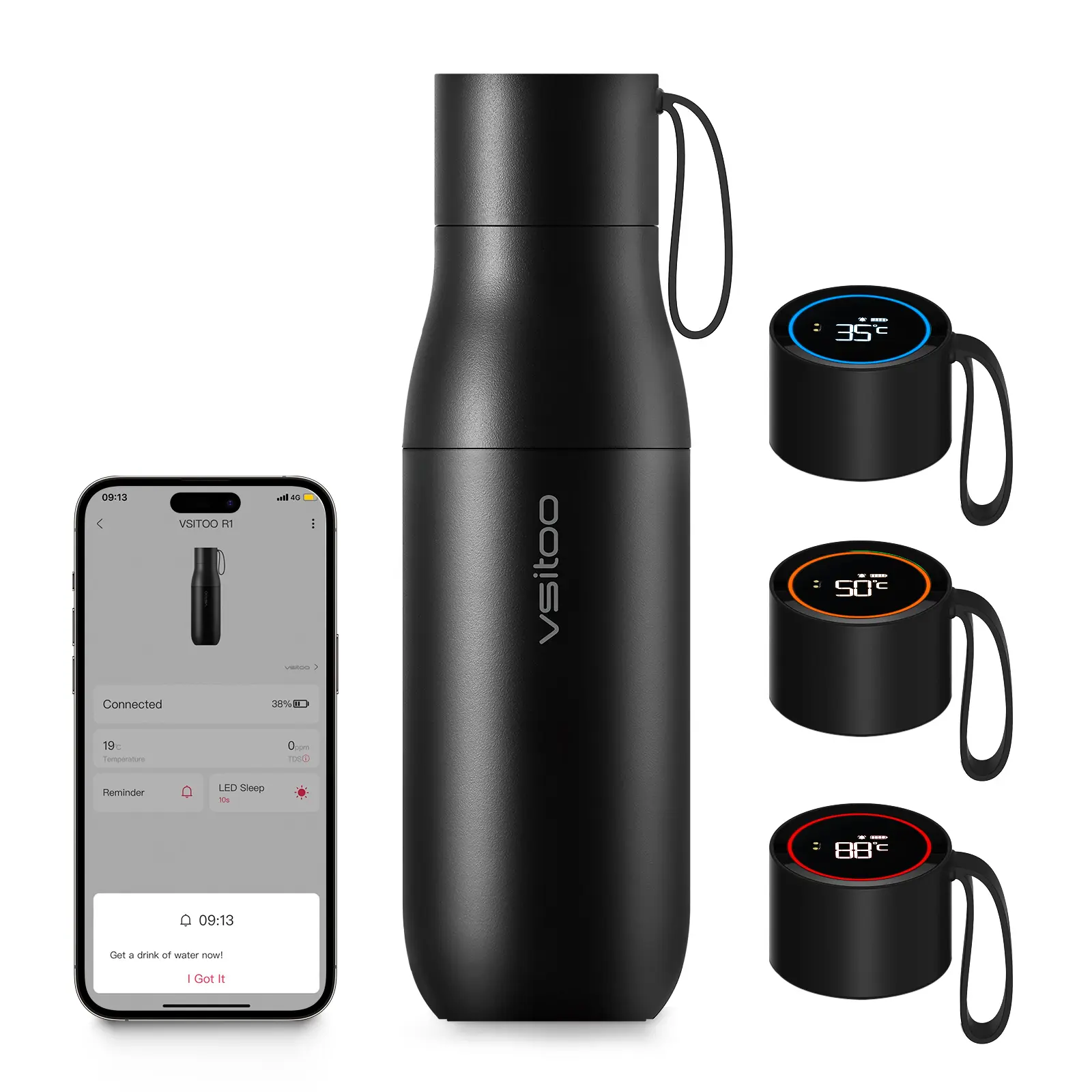 Vsitoo Bouteille d'eau intelligente app Thermos Bouteille à vide en acier inoxydable TDS Test de qualité de l'eau Affichage de la température Rappel de consommation