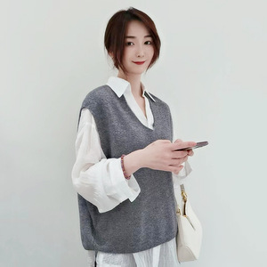 2024 automne et hiver Style coréen gilet 100% laine tricoté col en v <span class=keywords><strong>sans</strong></span> manches <span class=keywords><strong>pull</strong></span> gilet - Product Image 6