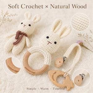 Soporte de chupete de bebé de juguete suave de conejito de ganchillo neutro Unisex con regalo de madera con forma de animal de haya - Product Image 4