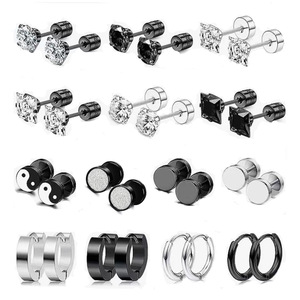 ชุดต่างหูสแตนเลสประดับเซอร์คอน 14 คู่ สำหรับผู้ชายและผู้หญิง ต่างหูบาร์เบลสีเงิน ดีไซน์เรขาคณิตสีดำ - Product Image 1