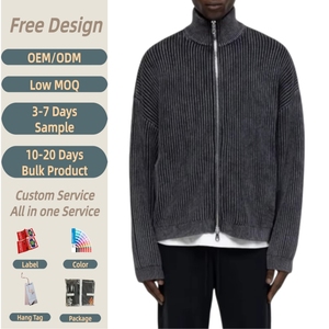 Wholesale Custom Chunky Wool Blend 2x2 Ribbed Cropped Zip-up <strong>Turtleneck</strong> <strong>Men</strong> Knit Cardigan Drop Shoulder High-End <strong>Sweater</strong> OEM - Product Image 1
