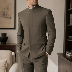 Costumes sur mesure de haute qualité, sur mesure, formels, marron foncé, col mandarin, coupe ajustée, 2 pièces pour hommes - Product Image 1