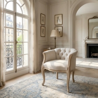 Fauteuil de salon SG129 de style français, en bois sculpté à la main italien, avec accoudoirs capitonnés en tissu de lin beige, design antique pour chambre à coucher et hôtel