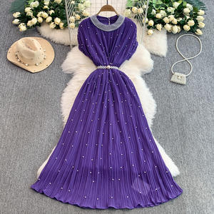 Robe d'été en mousseline de soie longue avec perles de luxe pour les femmes Loose Big Size Short Sleeve Crystal Birthday Evening Midi Pleated Dresses - Product Image 4