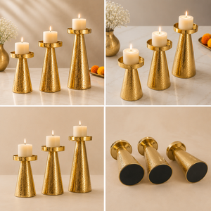 Handcrafted Gold Metal Candle <b>Holder</b> Set of 3 – Elegant <b>Hammered</b> Finish Pillar Candle Stands Decorative Table Centerpiece - Product Image 4