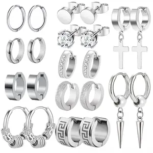 Hot Selling Men's Hip Hop Cross Earrings Stainless Steel Stud Set With Zircon And Pearl Fashion Plated Style