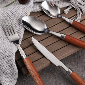 Ensemble de couverts durables en acier inoxydable 304 avec manche en bois de rose, couleur unie, couteau, fourchette et cuillère de style occidental pour dîner de fête - Product Image 3