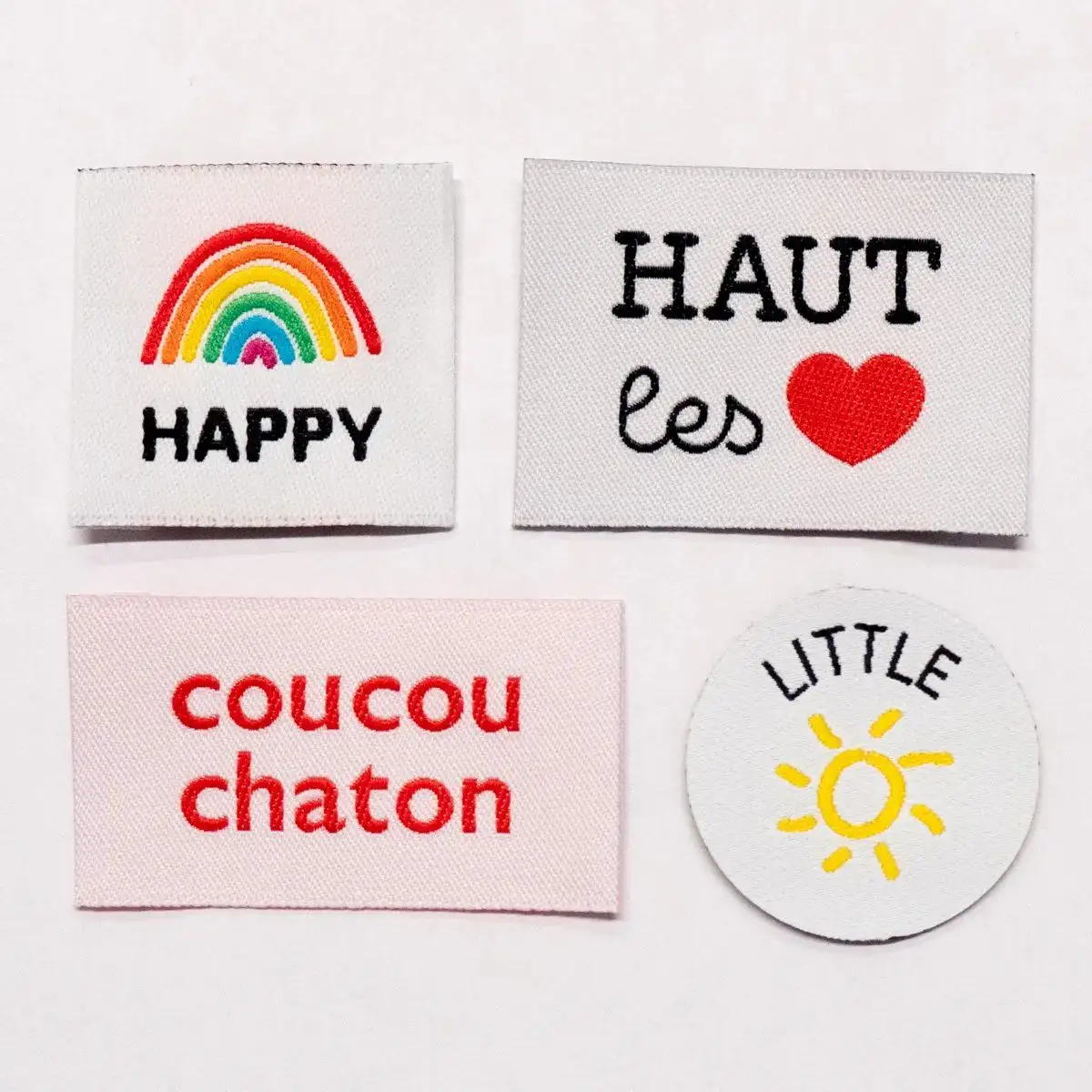 Custom colourful rainbow brand name logo sewing woven apparel Labels for kids clothing bags shoes shirt