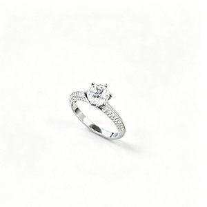 Classic Six Prong Lab Created Diamond <b>Ring</b>, Round Cut <b>Solitaire</b> with Pave-Set Accents Bridal Wedding Band in 925 <b>Silver</b> - Product Image 1