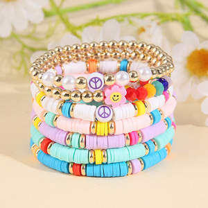 Colorful Polymer <b>Clay</b> Bracelet <b>Set</b> Bohemian Style Heart Smiley Face Women's Jewelry Gift for Valentine's Day - Product Image 3