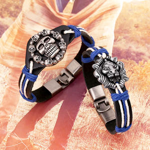 Vintage handgemachte geflochtene Leder armbänder für Männer Lion <span class=keywords><strong>Skull</strong></span> Skeleton Retro Schnür-Punk-Stil Leder armband Zubehör Geschenk - Product Image 2
