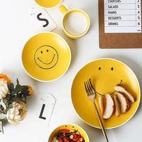 Ensemble de dîner 5 pièces en porcelaine noire mate pour la rentrée scolaire, bol, tasse, soucoupe, design visage souriant de style japonais
