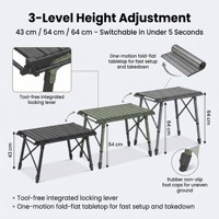 Table de camping pliante en aluminium OEM IGT 89x45cm, hauteur réglable sur 3 niveaux, portable, pour pique-nique, barbecue, et activités de plein air.