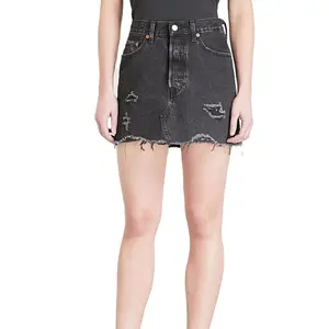 KY High-rise belt loops waistband branded hardware faded washed distressed jean mini skirt jeans skirt for women denim