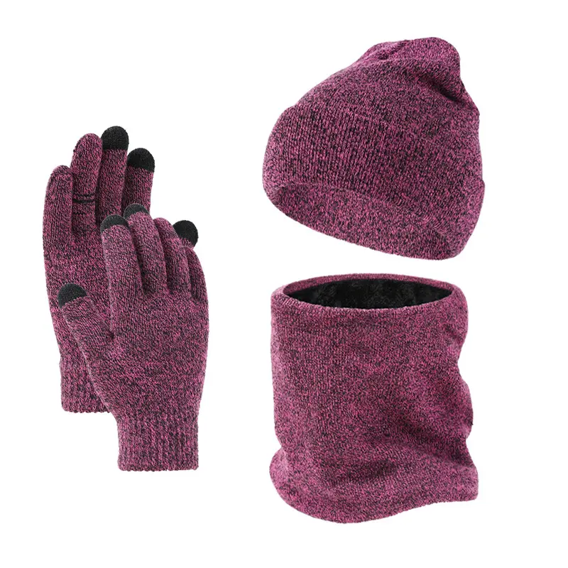 Winter Women Men Outdoor Cycling Acrylic Knit Beanie Hat Warm Fleece Scarf Touch Screen Gloves Set