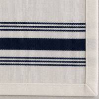 Serviette de table bistro 100% polyester blanche tissée avec des bordures rayées bleu marine foncé et un ourlet large pour hôtel et restaurant
