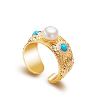 Bague ajustable en perle d'eau douce et turquoise marguerite pour femme, plaquée or, bijoux de mode, cadeau, fête, OEM personnalisé, vente en gros