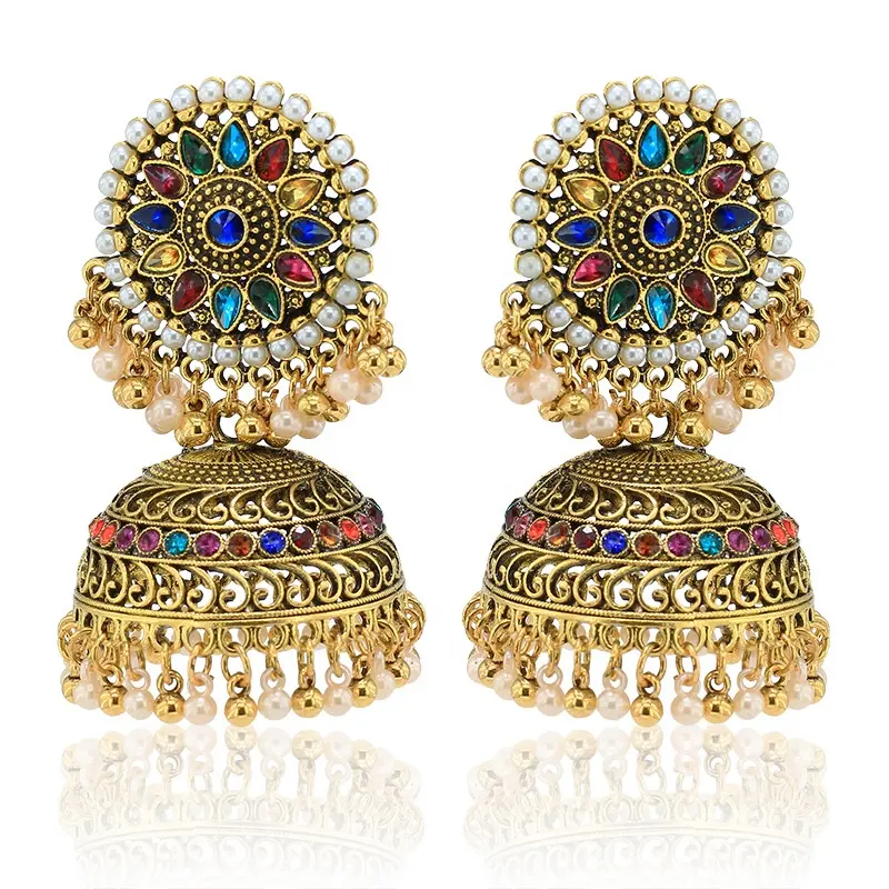 colorful rhinestone diamond jhumka earrings india gold sunflower Tassel pearl bells jumka earrings indian traditional jewelry