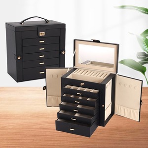 5 niveaux PU cuir <span class=keywords><strong>bijoux</strong></span> organisateur <span class=keywords><strong>grande</strong></span> <span class=keywords><strong>capacité</strong></span> maison PU cuir boîte de rangement avec miroir verre collier maquillage stockage - Product Image 2