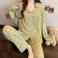 Pakaian Santai Wanita Motif Hati Merah Bahan Katun Kerut, Atasan Kancing Berkerah Lengan Panjang Celana Set Piyama Rumah Grosir