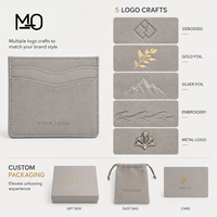 Porte-cartes en cuir gris clair, portefeuille fin avec panneau avant aspect daim, fentes incurvées pour cartes et logo métallique, idéal pour les commandes de marques de détail