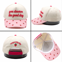Casquette de baseball en coton bicolore à 5 panneaux avec visière imprimée vichy fraise rose personnalisée, broderie snapback, pour femmes, chapeau mignon
