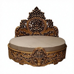 Round <b>Antique</b> Style Button Tufted <b>Bed</b> with Classical Engraved Wooden <b>Frame</b> Elegant Bedroom Furniture - Product Image 1