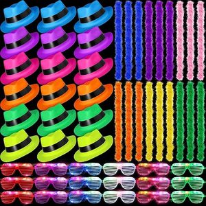 Sombreros de fiesta de plástico de neón baratos Sombrero de vaquero de neón Fedora con estilo de <span class=keywords><strong>mafia</strong></span> de gángster UV Blacklight Glow Party Stars Rave Sombreros - Product Image 6