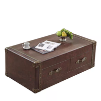 Table basse mobile de style rétro américain avec cadre en bois, en cuir vieilli huilé et ciré, pour bar, KTV, café, club, design authentique