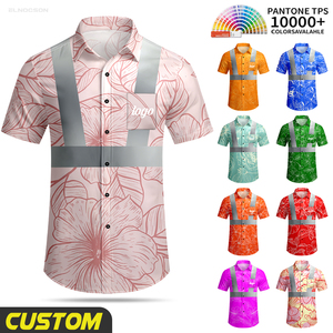 カスタム ハワイアンアロハプリント 高視認性シャツ フローラトライバル 反射テープ付き フルボタン ハイビスシャツ - Product Image 1