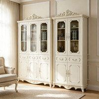 Bibliothèque de luxe européenne, vitrine en bois massif sculpté à la main, armoire de rangement avec portes en verre crème, mobilier de bureau à domicile, vente en gros