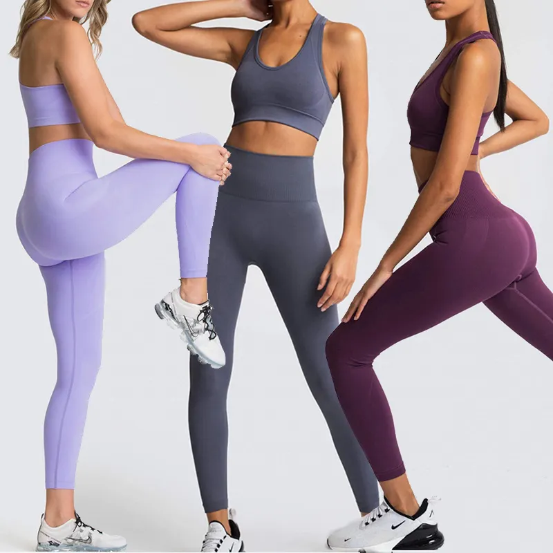 Su propio diseño Logotipo personalizado Imprimir Fitness Deportes Medias Recorte trasero Push Up Sujetador deportivo acolchado Leggings de cintura alta Conjunto de pantalones de yoga