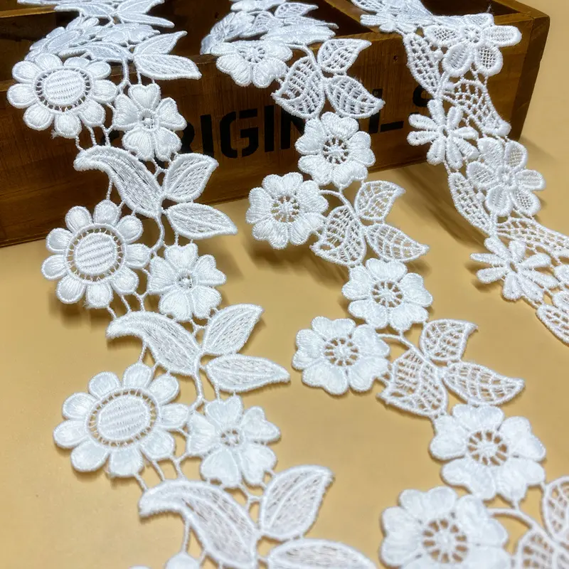 LS767 Wholesale milk silk polyester silk rose leaf embroidery water-soluble lace trim for wedding dress decoration