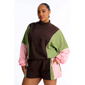 Ensemble coupe-vent colorblock pour femmes, sweat à capuche et short, vêtements de sport légers à fermeture éclair, survêtement 2 pièces, décontracté, pour la course à pied, la gym, le fitness - Product Image 1