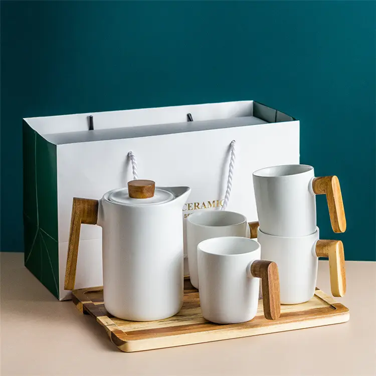 Европейский стиль, керамический чайный и кофейный набор, фарфоровый чайник с деревянной ручкой
