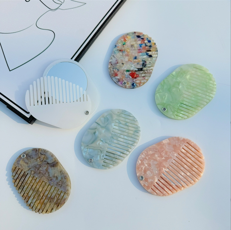 3000+ Custom COLOR LOGO Cellulose Acetate Two Uses Pocket Makeup Mirror Comb Travel Essentials Hair Combs