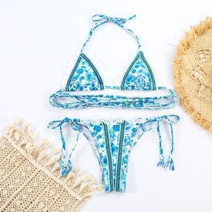 New Designer Print Basic <strong>Bikini</strong> With Pad Ties Details Crochet <strong>Trim</strong> Swimwear Scrunch Butt Swimsuit - Product Image 4
