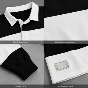 <span class=keywords><strong>Polo</strong></span> de rugby personnalisé pour homme, à blocs de couleur, manches longues, noir et blanc, style streetwear décontracté, pull 280 GSM pour marques de mode - Product Image 3