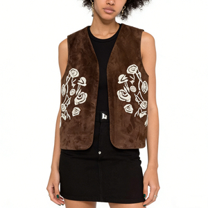 <span class=keywords><strong>Chaleco</strong></span> de Gamuza con Bordado de Rosas Vintage para <span class=keywords><strong>Mujer</strong></span>, Cuello en V, Bordado Floral, Gamuza Genuina - Product Image 6