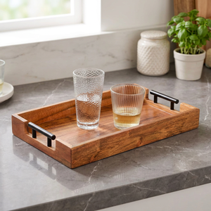Plateau de service rectangulaire en bois avec poignées métalliques, design minimaliste pour plats de fête, Ramadan, Eid, décoration intérieure, style unique - Product Image 1