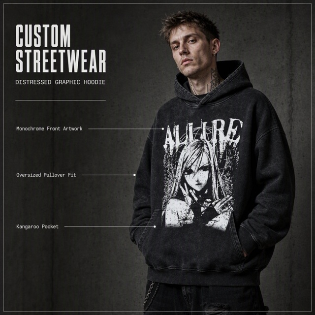 Custom Distressed Graphic Hoodie Men Oversized Pullover Streetwear Kangaroo Pocket Washed Hooded Sweatshirt for Brand Logo Print