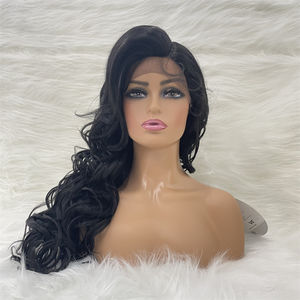 Peluca frontal de encaje sintético realista, línea de cabello natural, 30 pulgadas, con ondas grandes rizadas, fibra sintética, encaje frontal, top de seda - Product Image 1